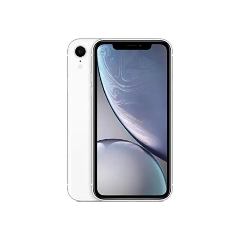 White Apple iPhone XR featuring Liquid Retina display and single rear camera – front and back view

