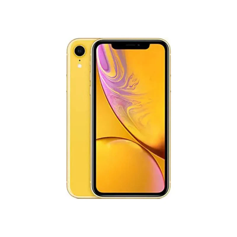 Yellow Apple iPhone XR with Liquid Retina display and single rear camera – front and back view

